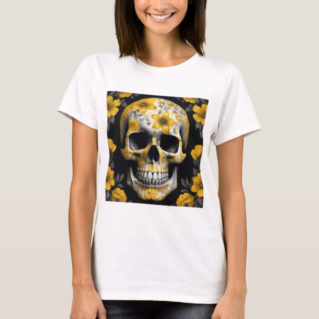 Gult Blommigt 3D Dead Skull med gula blommor T Shirt (Framsida)