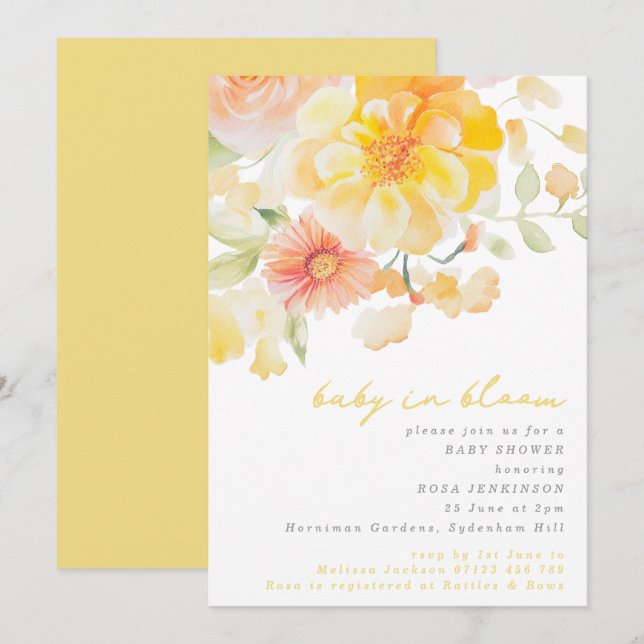 Gult Blommigt Baby i Bloom Summer Baby Shower Inbjudningar (Fram/baksida)