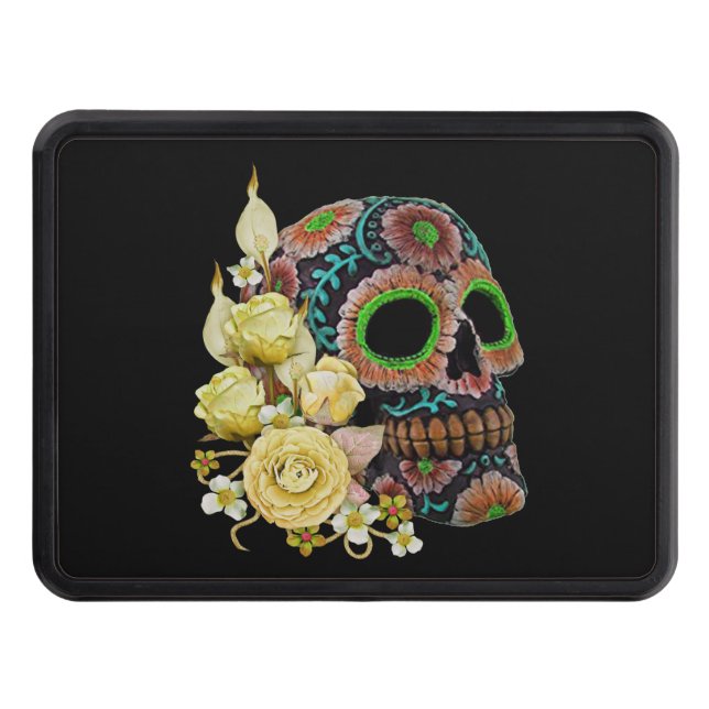 Gult Blommigt Black Sugar Skull Day of the dead Dragkroksskydd (Framsidan)