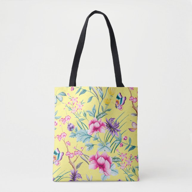 Gult Blommigt & Butterflies Mönster Tote Bag Tygkasse (Framsida)