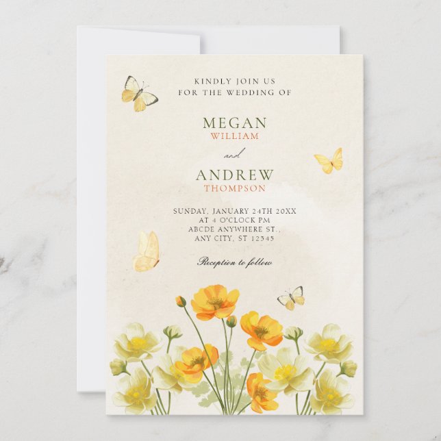 Gult blommigt butterfllies bröllop inbjudningar (Framsida)