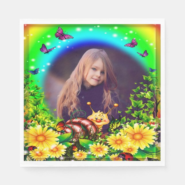 Gult Blommigt Butterfly och Snigel fotofödelsedag Pappersservett (Framsidan)