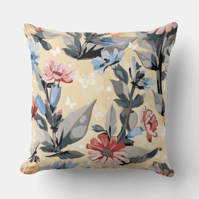 Gult Blommigt Designer-fyllning Kudde (Framsida)