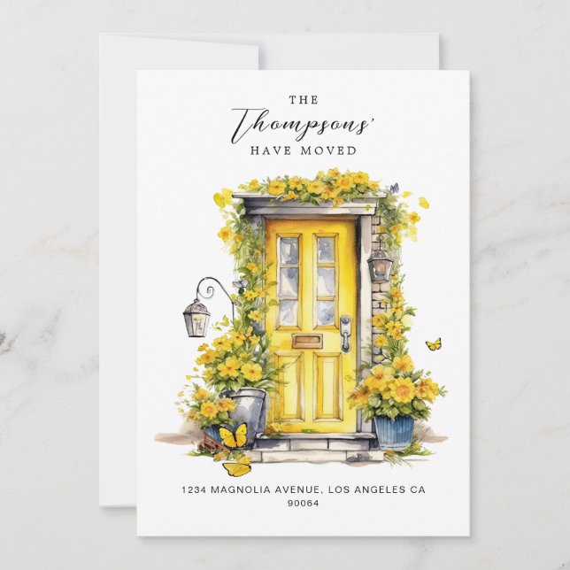 Gult Blommigt Dörr Vi har flyttat Photo Flytta Meddelande (Framsida)
