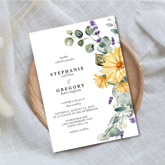 Gult Blommigt Eucalyptus Bröllop Inbjudningar (Skapare uppladdad)