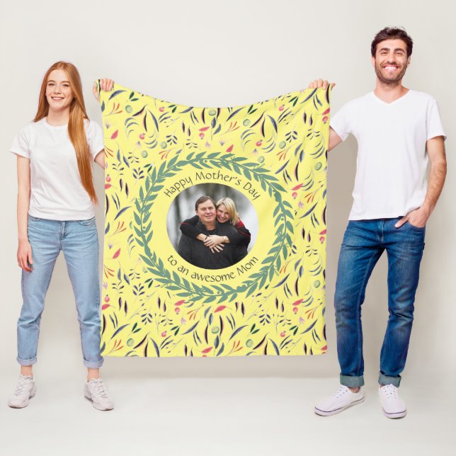 Gult Blommigt FANTASTISK MAMMA med FOTO Mors dag Fleecefilt (På plats)