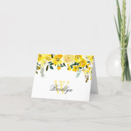 Gult Blommigt för vattenfärg Monogrammed antecknin Tack Kort