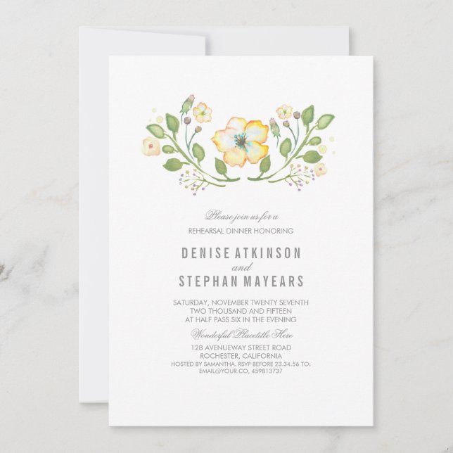 Gult Blommigt Förnyad vattenfärgsmiddag Inbjudningar (Framsida)