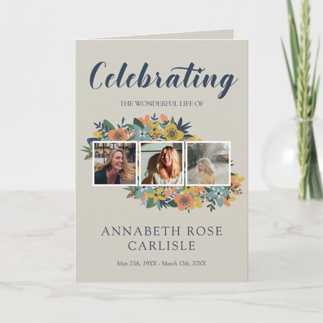 Gult Blommigt Fotokollage Funeral Program (Framsida)