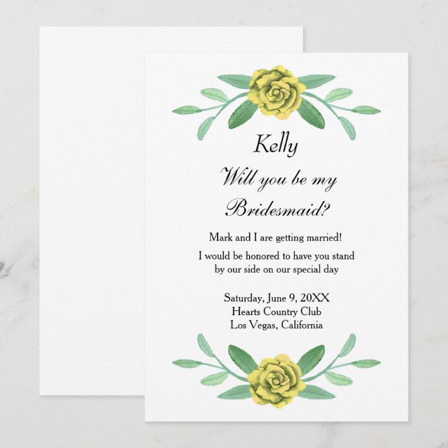 Gult Blommigt Greenery Foliage Bridesmaid Card Inbjudningar (Fram/baksida)