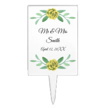 Gult Blommigt Greenery Foliage Bröllop Cake Topper