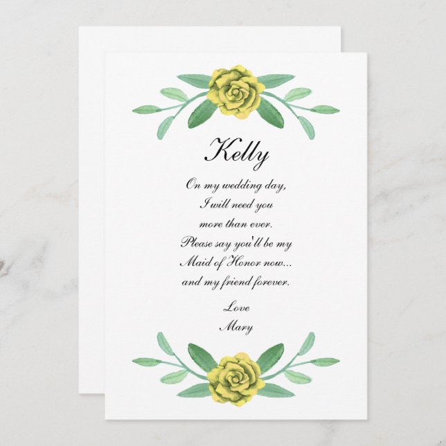 Gult Blommigt Greenery Foliage Maid of honor Card Inbjudningar (Fram/baksida)