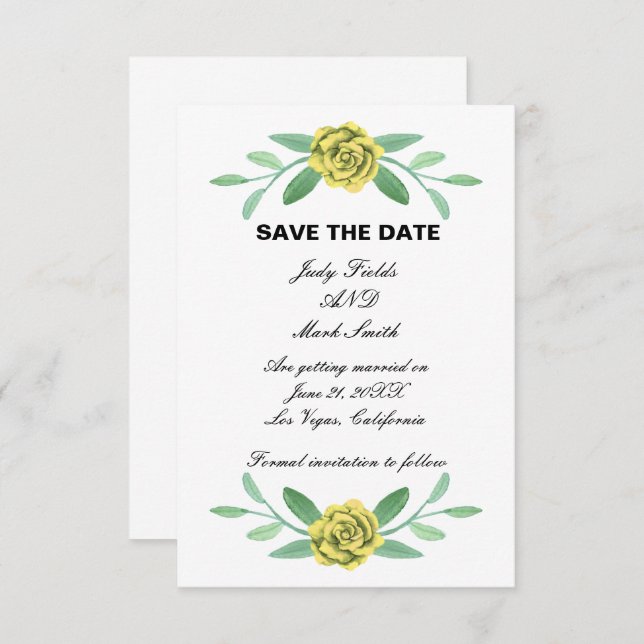 Gult Blommigt Greenery Foliage Save Date Card Spara Datumet (Fram/baksida)