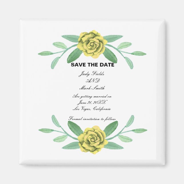 Gult Blommigt Greenery Foliage Spara datum Magnet (Framsidan)