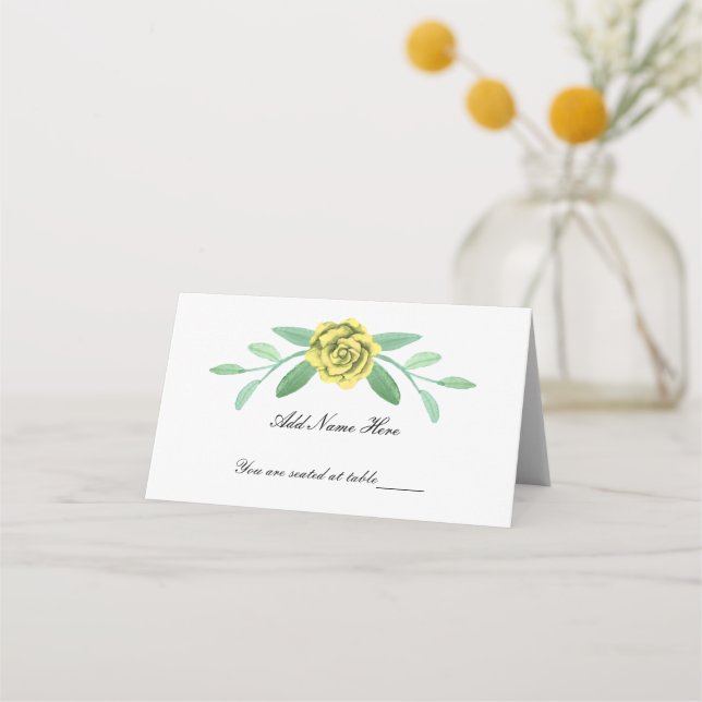 Gult Blommigt Grey Foliage-mappat platskort Placeringskort (Framsida)