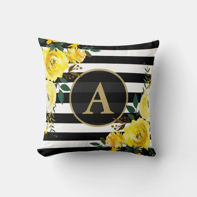 GULT BLOMMIGT GULD Monogram Black White Rand Kudde (Framsida)