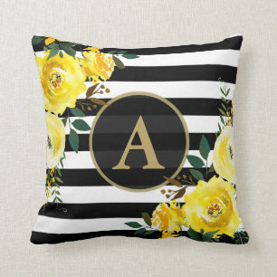 GULT BLOMMIGT GULD Monogram Black White Rand Kudde