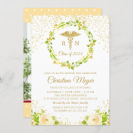 Gult Blommigt Guld Nursing Studentfest Photo Inbjudningar