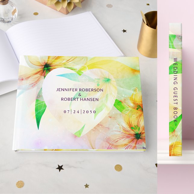 Gult Blommigt Hjärtsdroppar Bröllop Gästböcker (Yellow Floral Heart Dewdrops Wedding Guest Book)