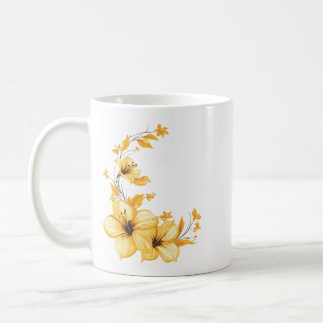 Gult Blommigt Kaffe Mugg - Sunny botaniskt mönster (Vänster)