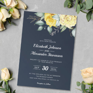 Gult blommigt klass Grey navy blue bröllop Inbjudningar