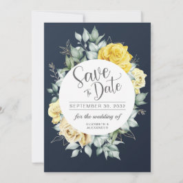 Gult blommigt klass Grey navy blue bröllop Spara Datumet