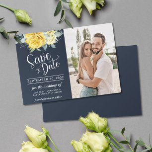 Gult blommigt, klass - marint blåfoto bröllop spara datumet