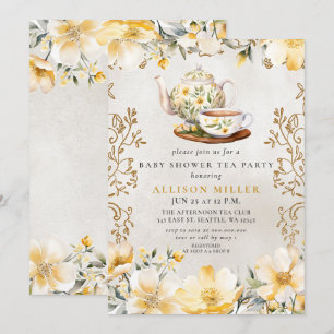 Gult Blommigt Könsneutralt tea Baby Shower Inbjudningar
