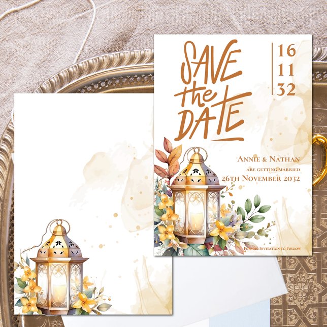 Gult Blommigt Lantern Fall Wedening Spara datum Datumet (Yellow Floral Lantern Fall Wedding Save the Date Invitation)