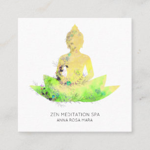 *~* Gult Blommigt Lotus Buddha Meditation QR AP33 Fyrkantigt Visitkort