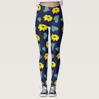 Gult blommigt löv-utskrift på marin  leggings