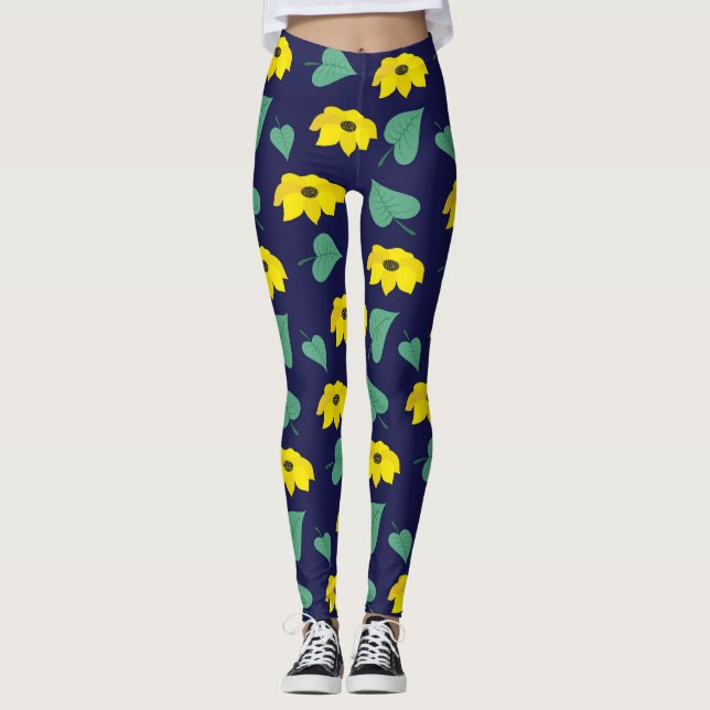 Gult blommigt löv-utskrift på marin  leggings (Framsida)