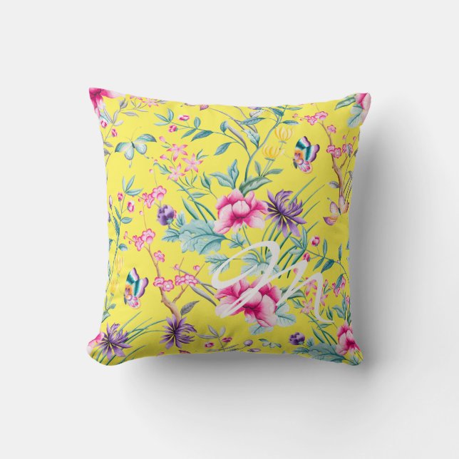 Gult Blommigt och fjäril Monogram Dekorativ kudde (Framsida)