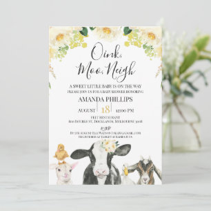 Gult Blommigt Oink Moo Neigh Farm Baby Shower Inbjudningar