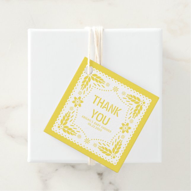 Gult blommigt papel picado Tack Baby Shower Gåvor Etiketter (På plats)