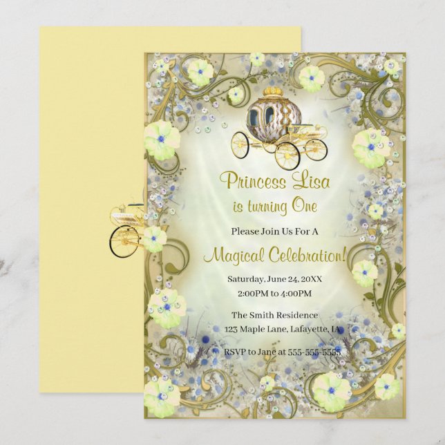 Gult Blommigt Princess Enchanted 1st Birthday Inbjudningar (Fram/baksida)