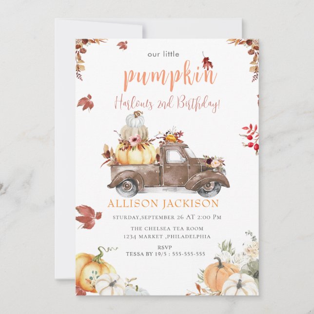 Gult Blommigt Pumpkin Harvest Lastbil Välkomstskyl Inbjudningar (Framsida)