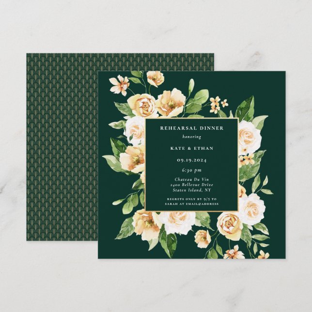 Gult Blommigt Ram Emerald Rehearsal Dinner Inbjudningar (Fram/baksida)