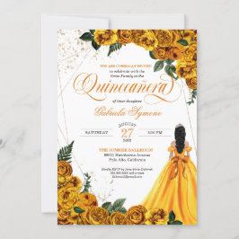 Gult Blommigt Ro & Guld Elegant Quinceañera Inbjudningar