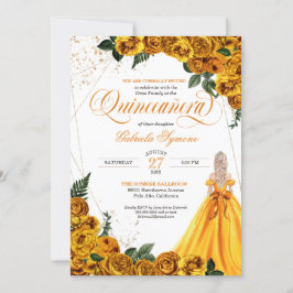 Gult Blommigt Ro & Guld Elegant Quinceañera Invi Inbjudningar