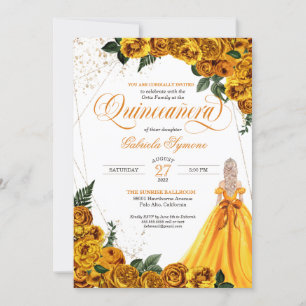 Gult Blommigt Ro & Guld Elegant Quinceañera Invi Inbjudningar