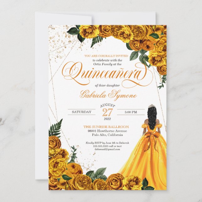 Gult Blommigt Ro & Guld Elegant Quinceañera Invi Inbjudningar (Framsida)