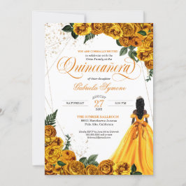 Gult Blommigt Ro & Guld Elegant Quinceañera Invi Inbjudningar