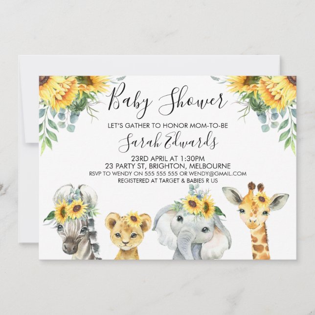 Gult Blommigt Safari Animals Baby Shower  Inbjudningar (Framsida)
