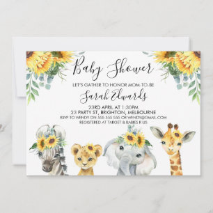 Gult Blommigt Safari Animals Baby Shower  Inbjudningar