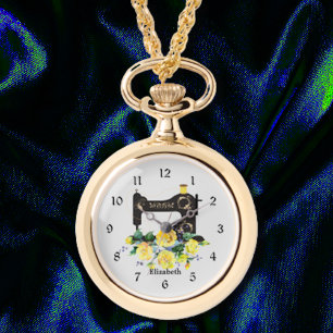 Gult Blommigt Sewing Maskin Necklace Watch Armbandsur