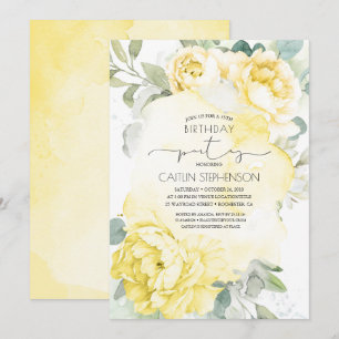 Gult Blommigt Soft Greenery Birthday-inbjudan Inbjudningar