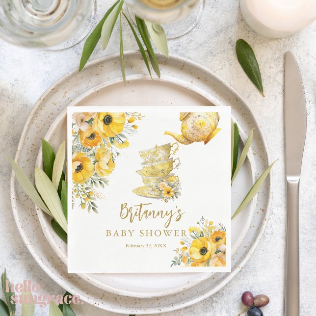 Gult Blommigt Tea Party Kopp Baby Shower Pappersservett (Skapare uppladdad)