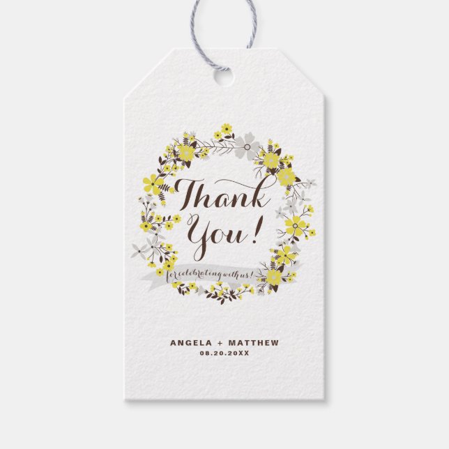 Gult Blommigt Utandning Bröllop Tack Gift Märkre Presentetikett (Framsidan)