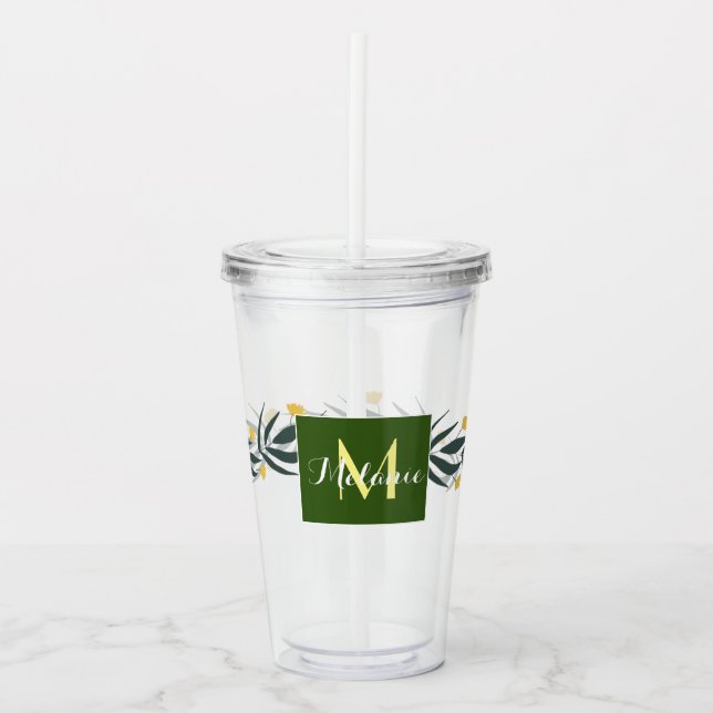 Gult Blommigt Utandning Initialt Monogram Namn Take Away Mugg (Framsida)